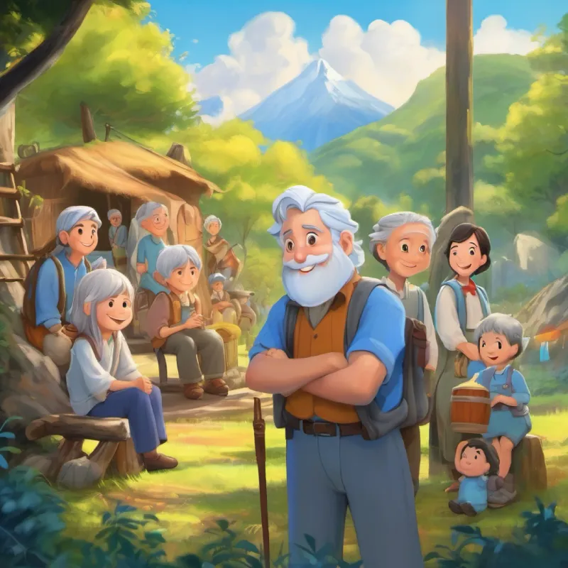 Description of Kind man, grey hair, blue eyes's Camp being full of happy friends.