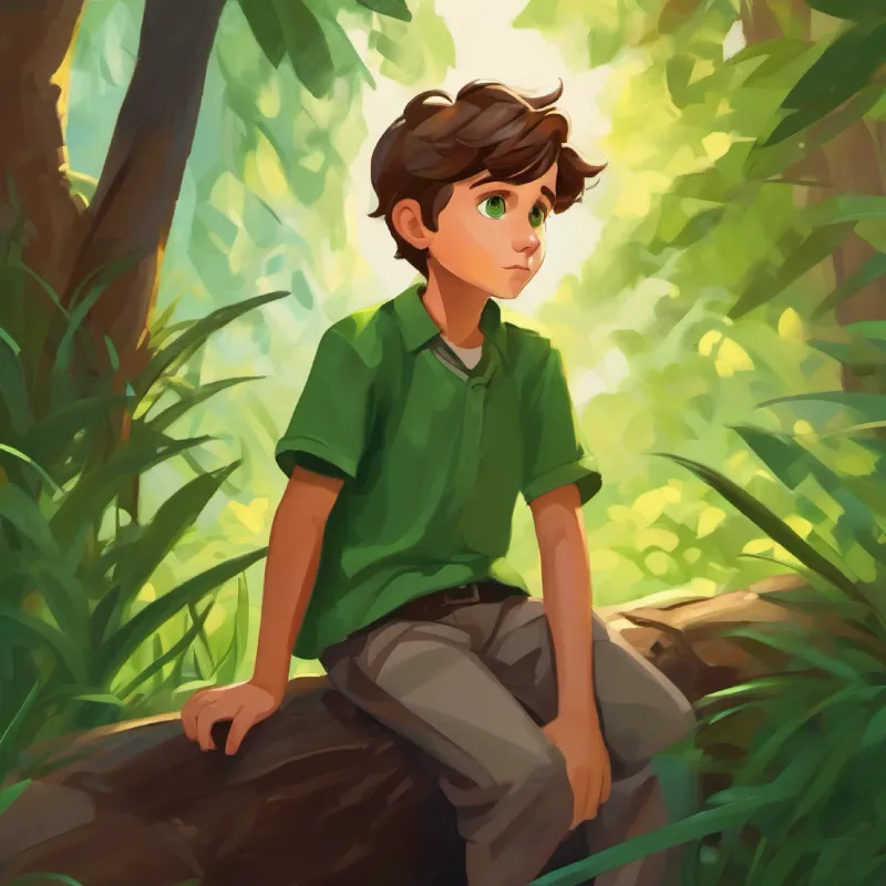 Curious boy, brown hair, green eyes feels disappointed but decides to be patient.