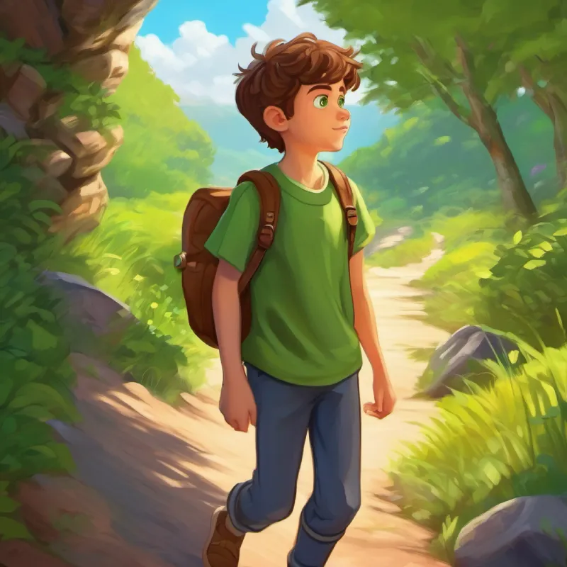 Adventure begins: Curious boy, brown hair, green eyes packs his bag and sets off.