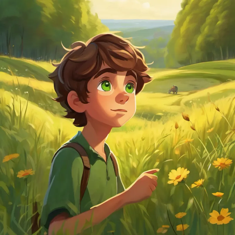 Curious boy, brown hair, green eyes finds a meadow, signaling he is getting closer to the camp.