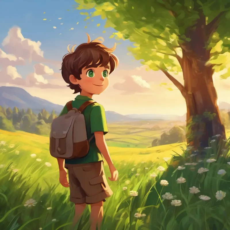 Curious boy, brown hair, green eyes encounters friendly, happy people in the meadow.