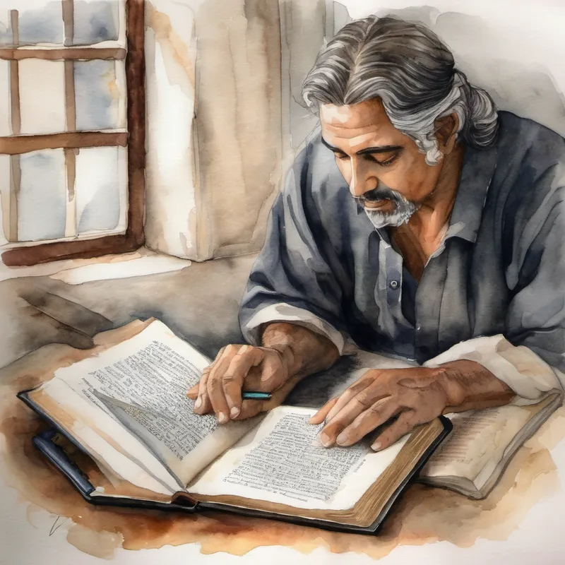 Un hombre con cabello oscuro y ojos amables, viste ropa sencilla y siempre tiene una biblia en la mano. encuentra consuelo en la Biblia y la oración