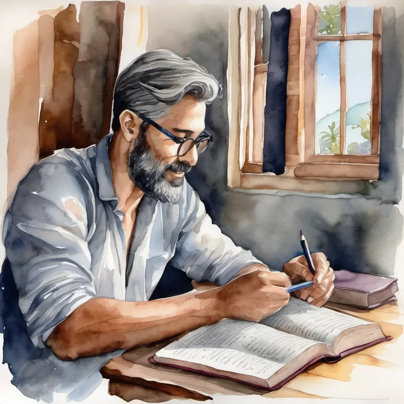 Un hombre con cabello oscuro y ojos amables, viste ropa sencilla y siempre tiene una biblia en la mano. vive una vida feliz y saludable