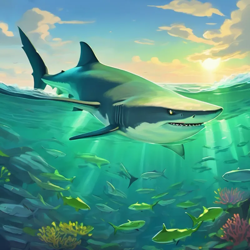 Introduction of Grey shark with curious, bright green eyes, a shark, in the ocean setting