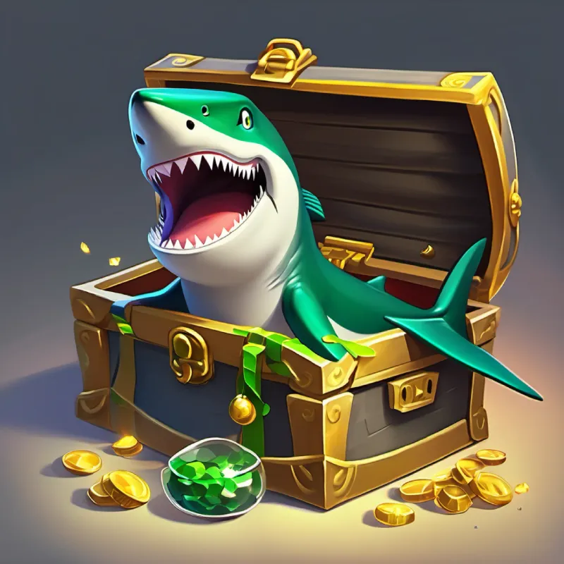 Grey shark with curious, bright green eyes opening the treasure chest, revealing contents