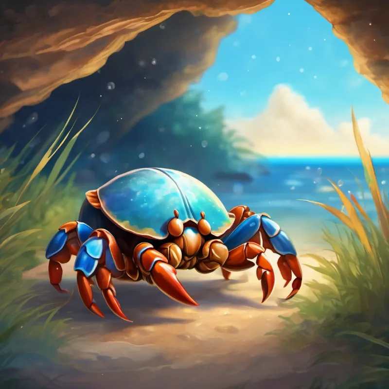 Introduction of Tiny crab with wise, twinkling blue eyes the hermit crab in the chest