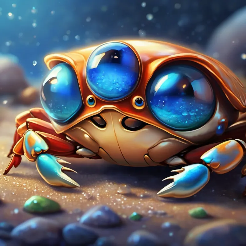 Tiny crab with wise, twinkling blue eyes acknowledging the value of the necklace