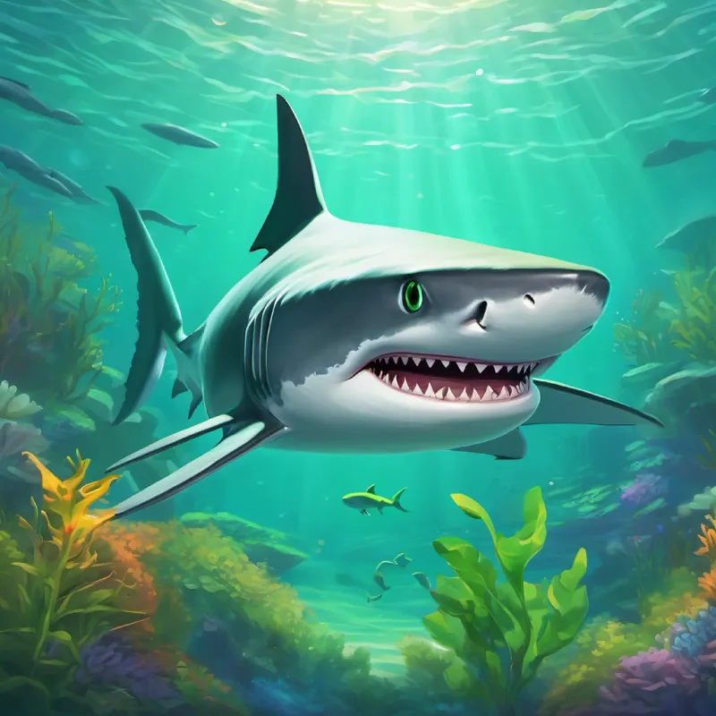 Introduction of Grey shark with curious, bright green eyes, a shark, in the ocean setting