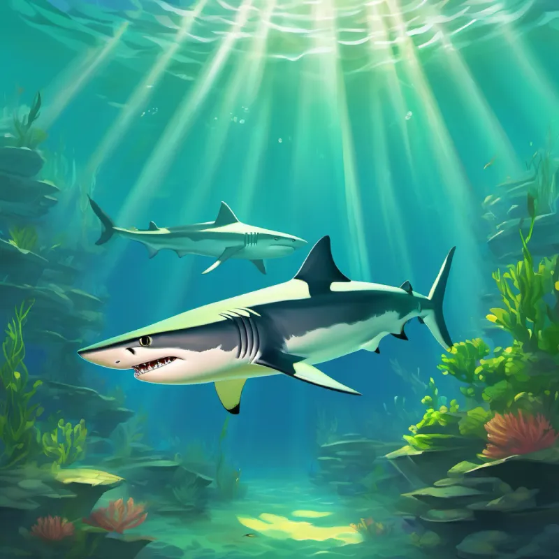 Introduction of Grey shark with curious, bright green eyes, a shark, in the ocean setting