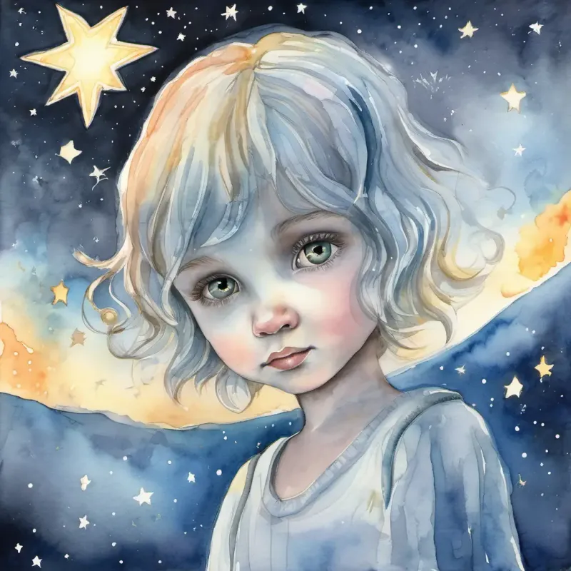 Introducing A child-like star with a bright glow and sparkly eyes, a star child in the night sky.