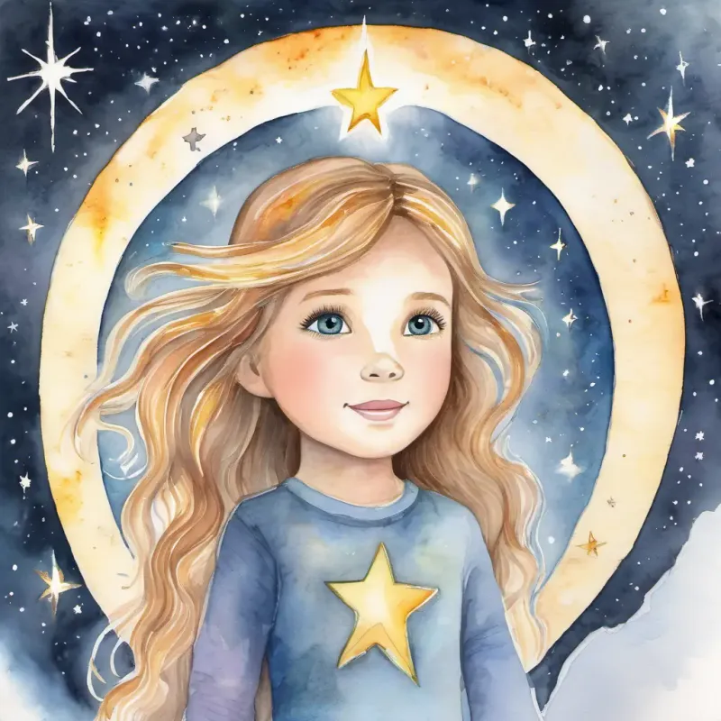 A child-like star with a bright glow and sparkly eyes knows she must return to the sky but cherishes the adventure.