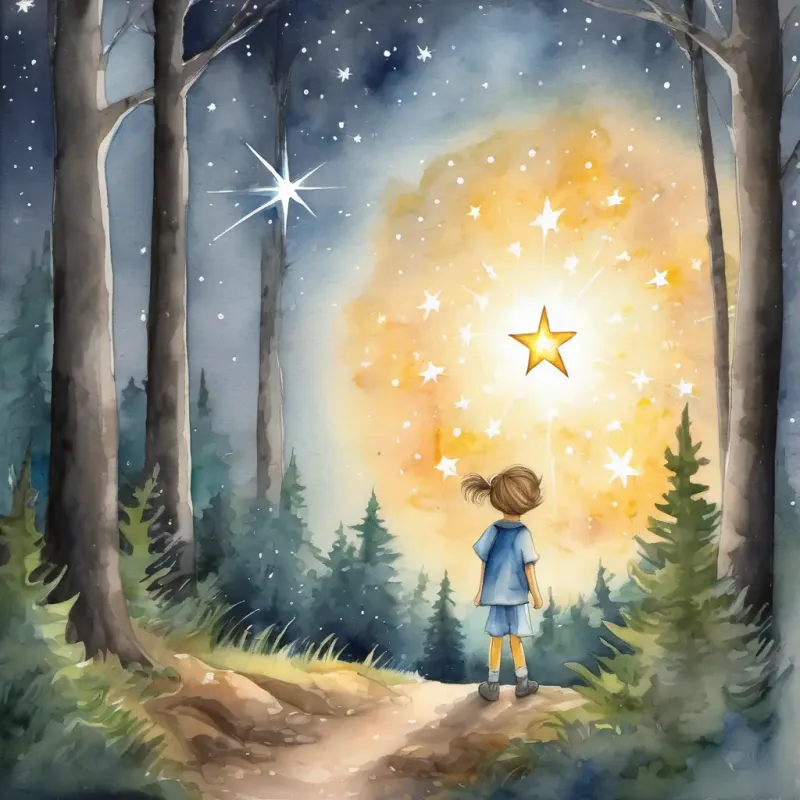 A child-like star with a bright glow and sparkly eyes returns to the sky, forever lighting up the forest.
