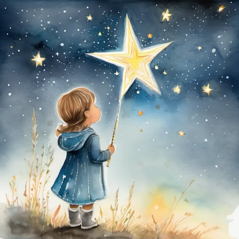 A child-like star with a bright glow and sparkly eyes sees a shooting star and makes a wish.