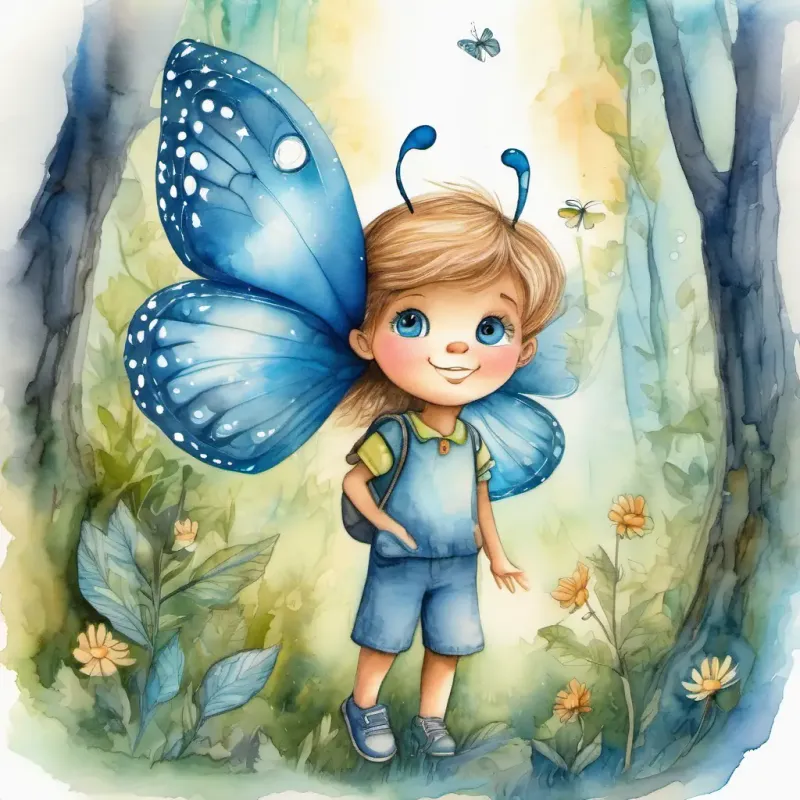 A child-like star with a bright glow and sparkly eyes lands in a forest and meets A blue butterfly with delicate wings and friendly eyes the butterfly.
