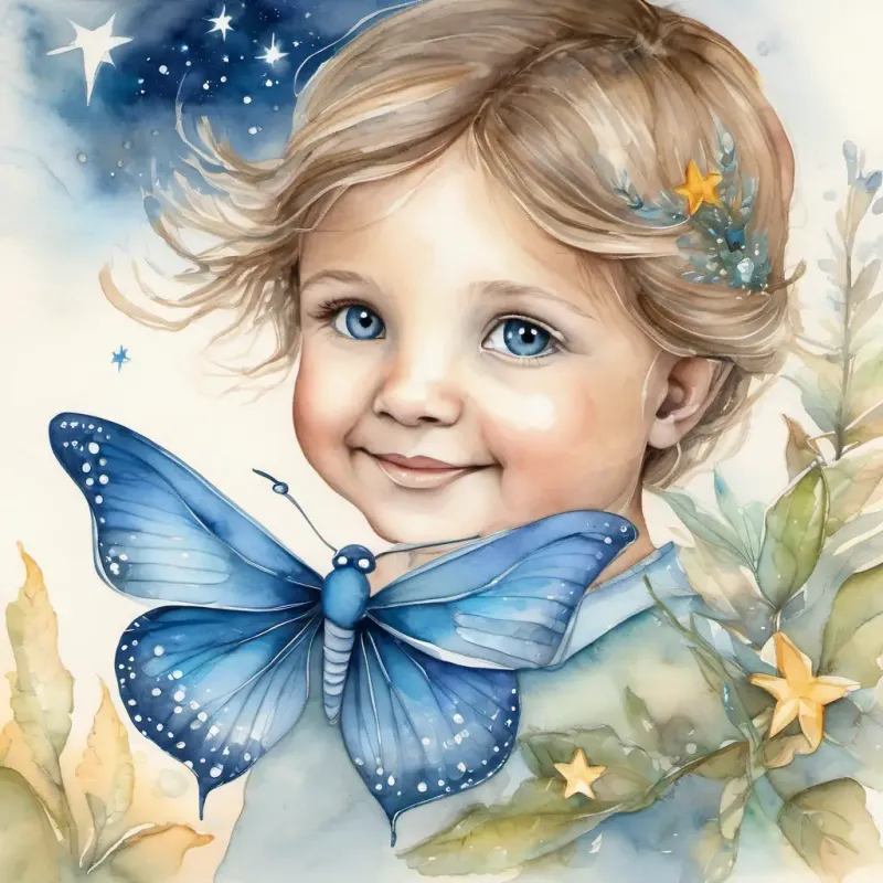 A child-like star with a bright glow and sparkly eyes and A blue butterfly with delicate wings and friendly eyes explore Earth’s wonders together.