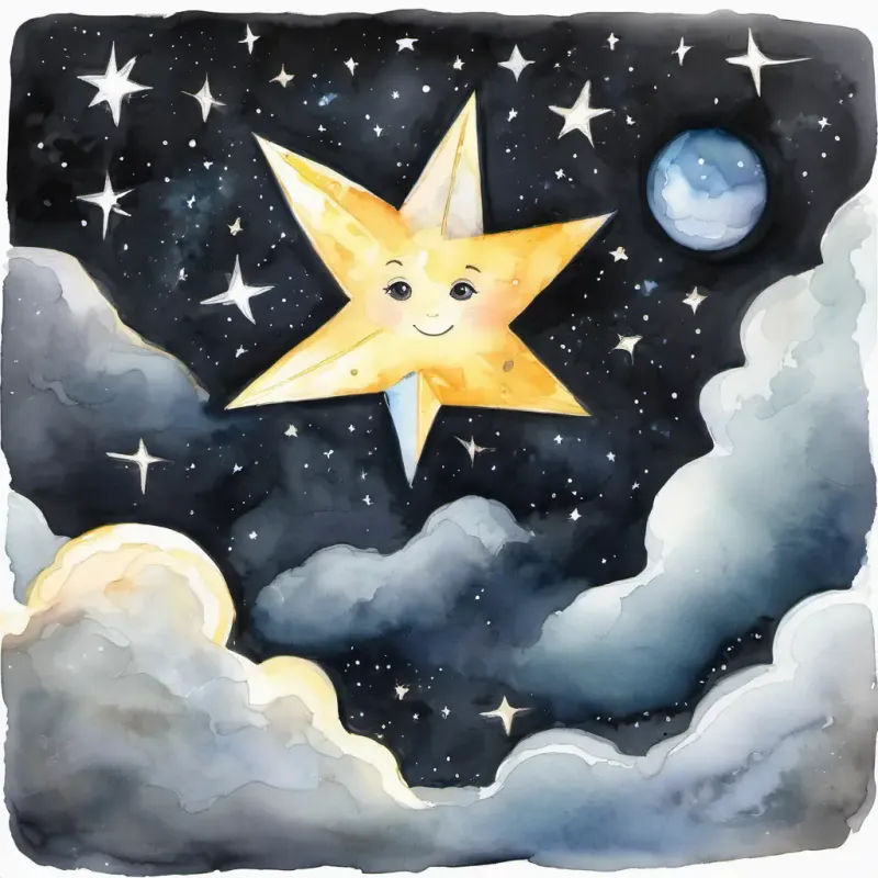 A child-like star with a bright glow and sparkly eyes shines bright, opposing the dark cloud.