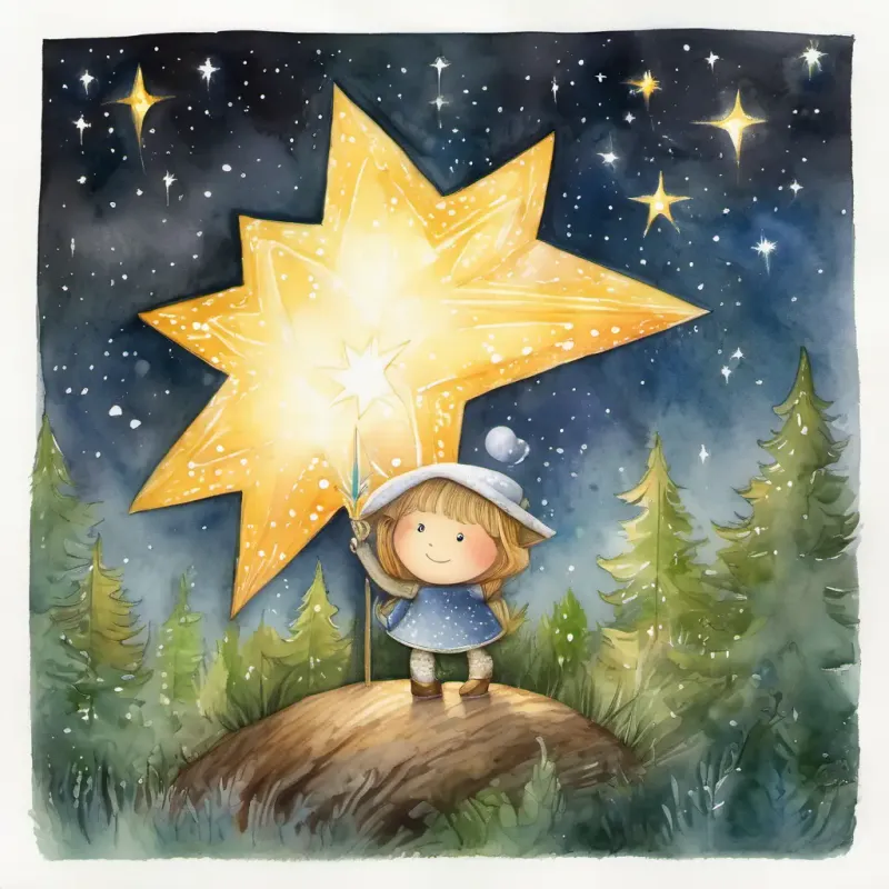 A child-like star with a bright glow and sparkly eyes’s light saves the forest, creating a lasting friendship.