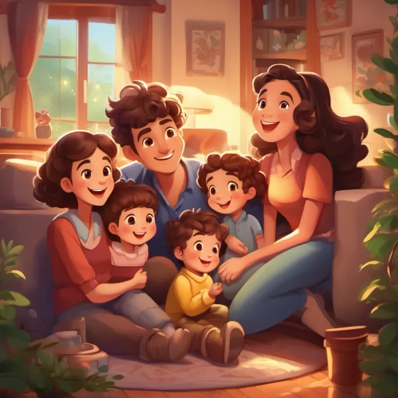 Introducing Joyful and giggly with twinkling eyes, curly brown hair and his happy family in a cozy house near the forest.