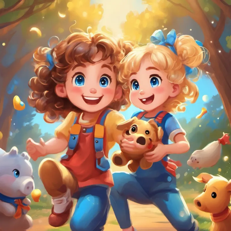 Joyful and giggly with twinkling eyes, curly brown hair playing with toys and having fun with his energetic sister, Energetic and playful with sparkling blue eyes, blonde pigtails.