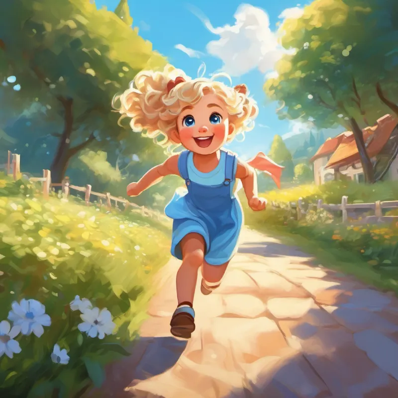 Joyful and giggly with twinkling eyes, curly brown hair and Energetic and playful with sparkling blue eyes, blonde pigtails having a race in the sunny backyard.