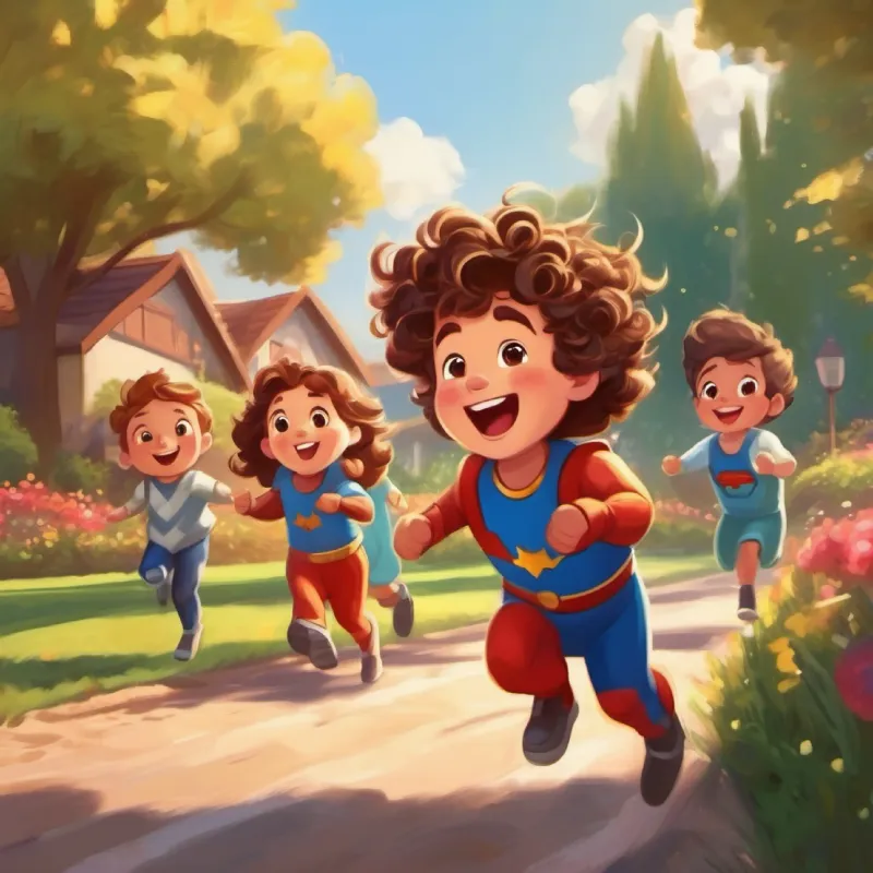 Joyful and giggly with twinkling eyes, curly brown hair racing through the backyard, feeling like a superhero with his family cheering him on.