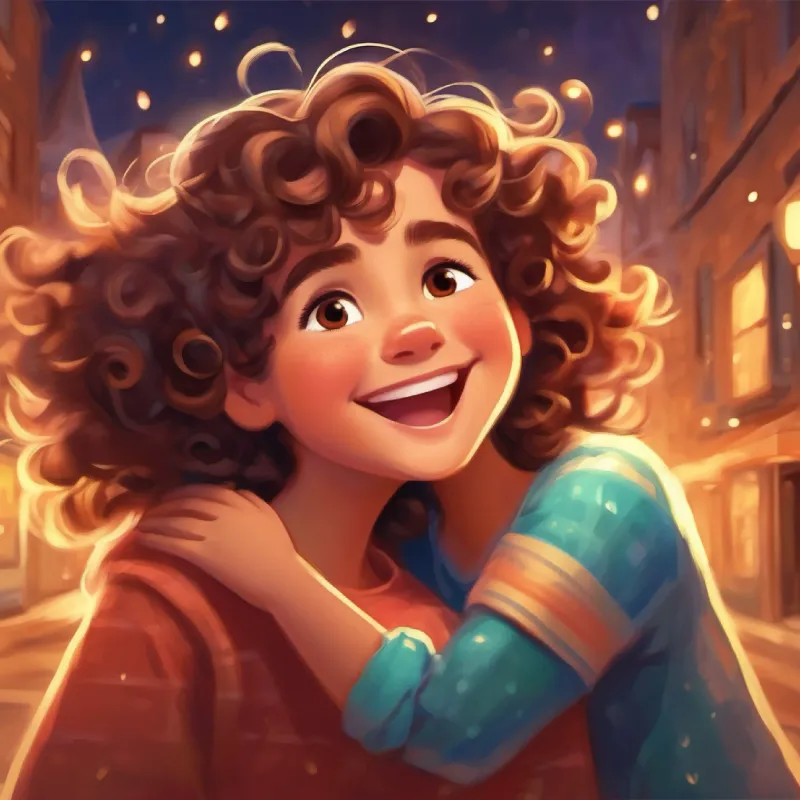 Joyful and giggly with twinkling eyes, curly brown hair receiving hugs and feeling proud and cherished despite not winning the race.
