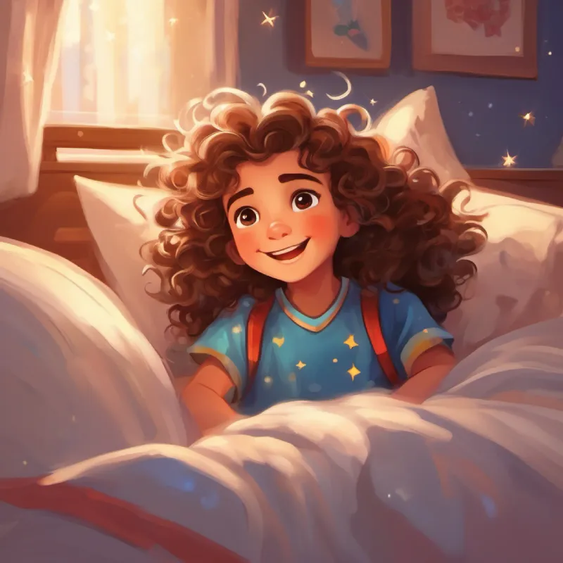 Joyful and giggly with twinkling eyes, curly brown hair feeling like a super star hero, snuggled in bed with loving dreams in his heart.