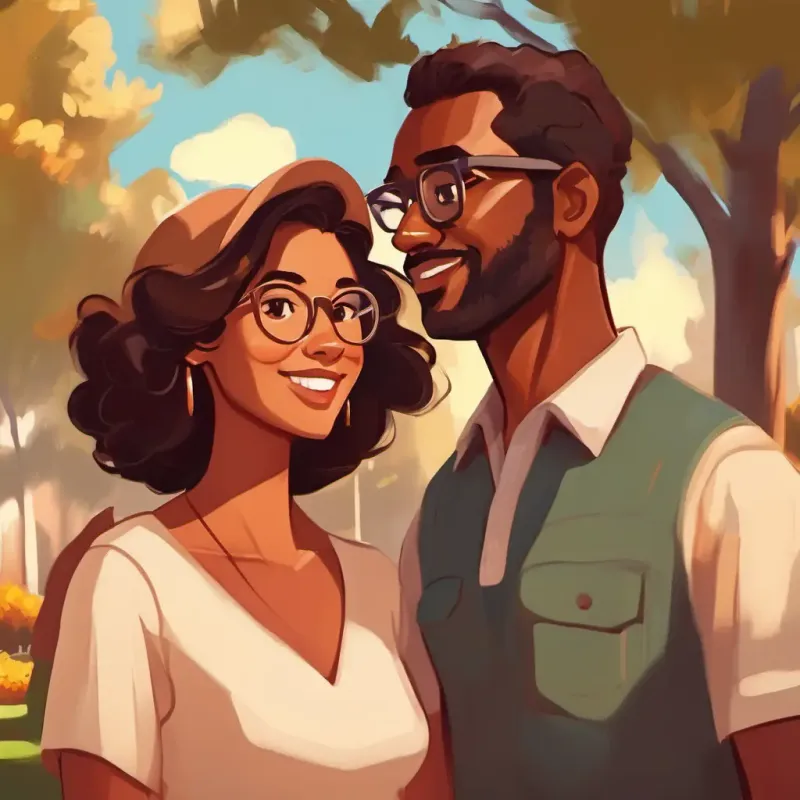 A man with brown skin and caring brown eyes, wears glasses and A kind-hearted woman with warm brown eyes and brown skin enjoying a walk in the park