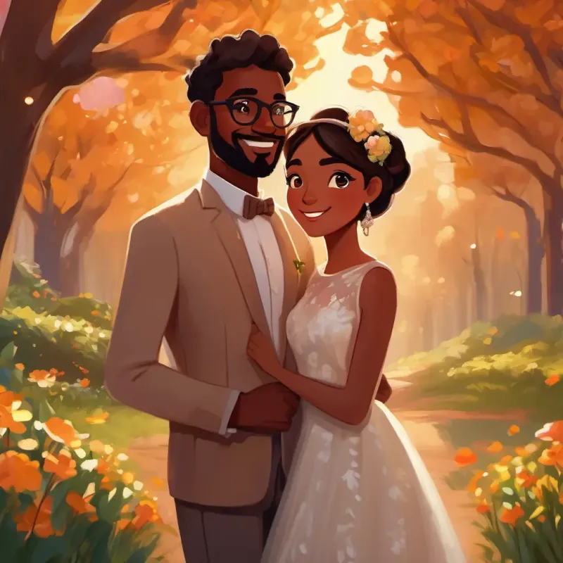 Spring wedding of A man with brown skin and caring brown eyes, wears glasses and A kind-hearted woman with warm brown eyes and brown skin with nature in celebration