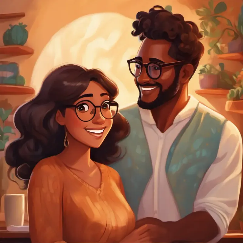 A kind-hearted woman with warm brown eyes and brown skin telling A man with brown skin and caring brown eyes, wears glasses about the pregnancy, they are overjoyed