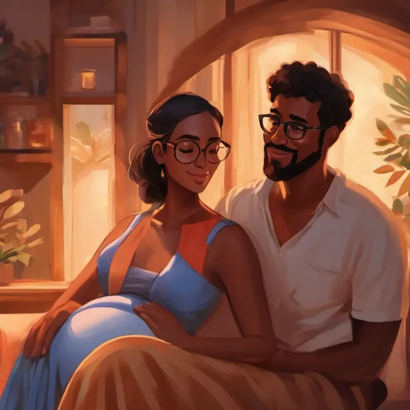 A man with brown skin and caring brown eyes, wears glasses taking care of A kind-hearted woman with warm brown eyes and brown skin during the pregnancy