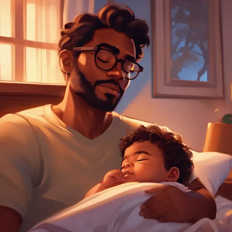 A man with brown skin and caring brown eyes, wears glasses watching baby Aarav sleep peacefully