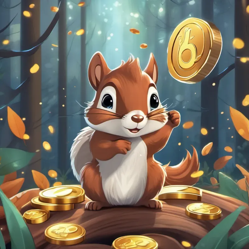 illustration of a small, bright squirrel named small, bright squirrel, cheerful and curious, with expressive eyes; in various scenes in a forest setting holding shiny coins under the silvery moonlight with a forest background