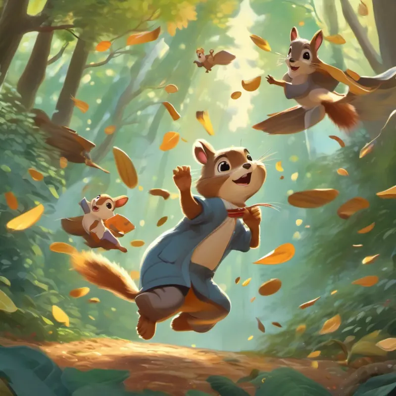 illustration of dimes falling from the sky, twirling and swirling with a surprised small, bright squirrel, cheerful and curious, with expressive eyes; in various scenes in a forest setting looking up