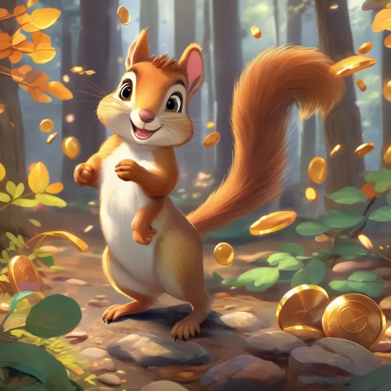 illustration of small, bright squirrel, cheerful and curious, with expressive eyes; in various scenes in a forest setting keeping his treasure wisely, with coins dancing freely around him, balanced and happy