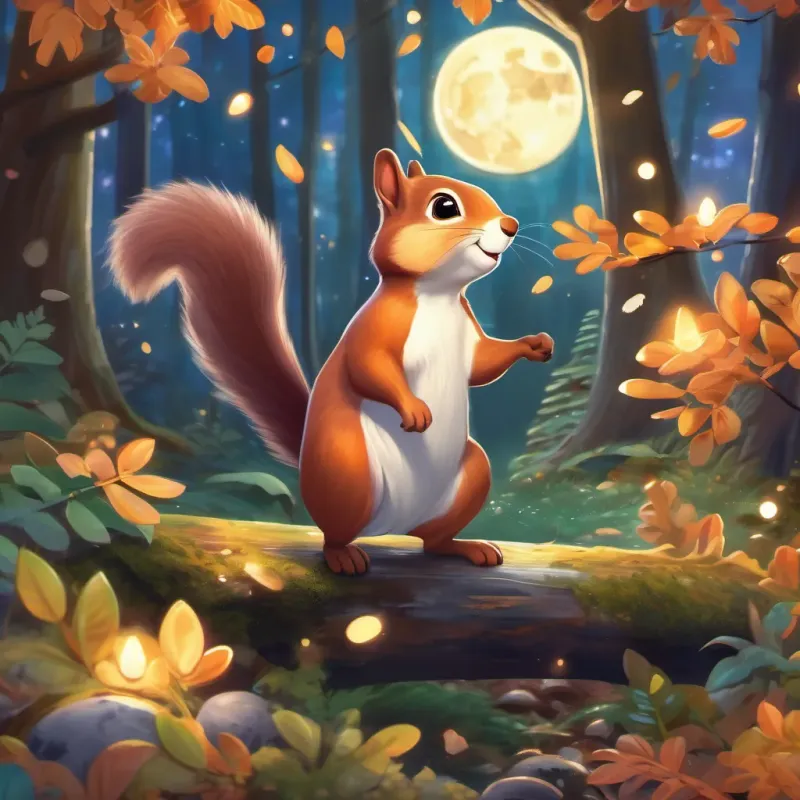 final illustration of small, bright squirrel, cheerful and curious, with expressive eyes; in various scenes in a forest setting enjoying the moonlit night with dancing coins, feeling happy and fulfilled