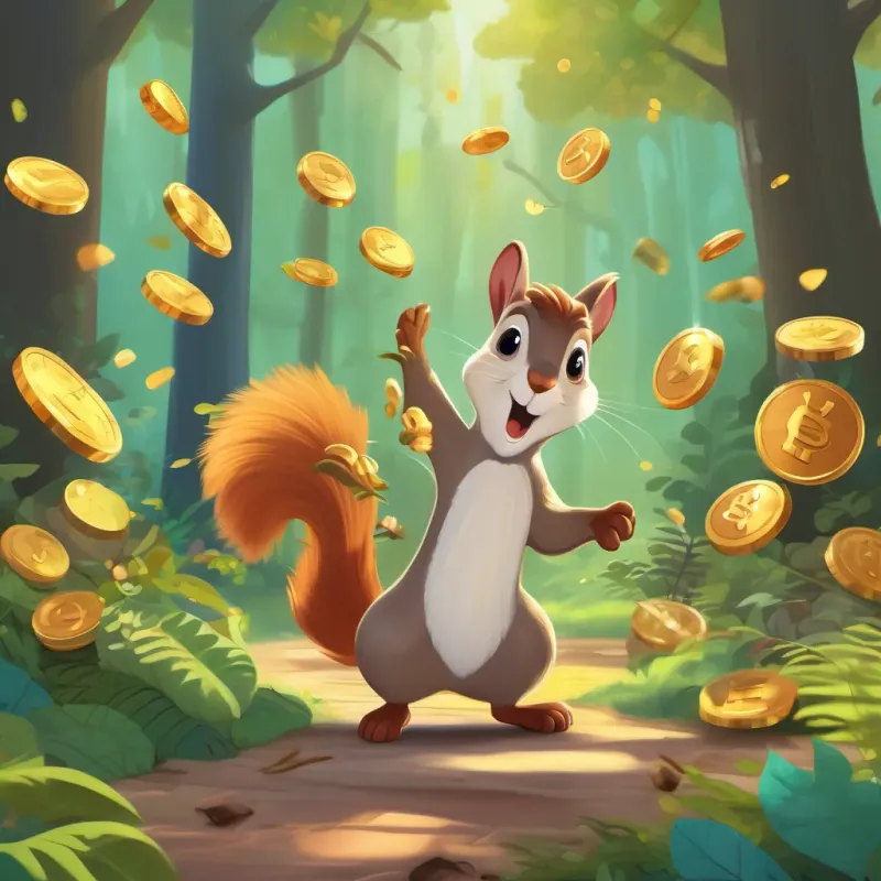 illustration of dancing coins leading small, bright squirrel, cheerful and curious, with expressive eyes; in various scenes in a forest setting in a joyous ballet, with a whimsical forest backdrop