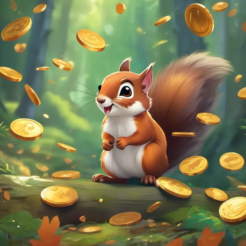 illustration of small, bright squirrel, cheerful and curious, with expressive eyes; in various scenes in a forest setting spinning and dancing along with the coins in a forest glade, all showing joyous expressions