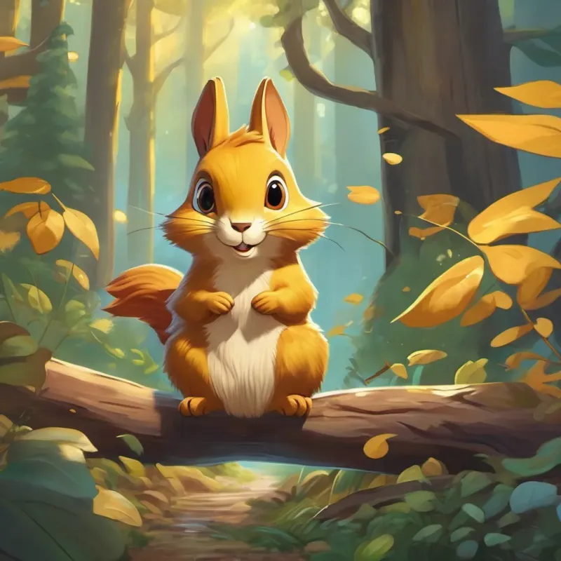 illustration of a wise-looking golden penny with a gentle glow floating down to small, bright squirrel, cheerful and curious, with expressive eyes; in various scenes in a forest setting