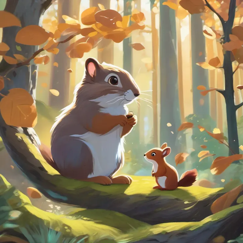 illustration of the wise penny swirling gently, surrounded by soft light, sharing its wisdom with a thoughtful small, bright squirrel, cheerful and curious, with expressive eyes; in various scenes in a forest setting