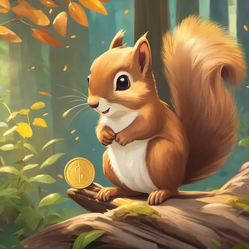 illustration of small, bright squirrel, cheerful and curious, with expressive eyes; in various scenes in a forest setting hugging the golden penny warmly, both exuding a feeling of gratitude and understanding