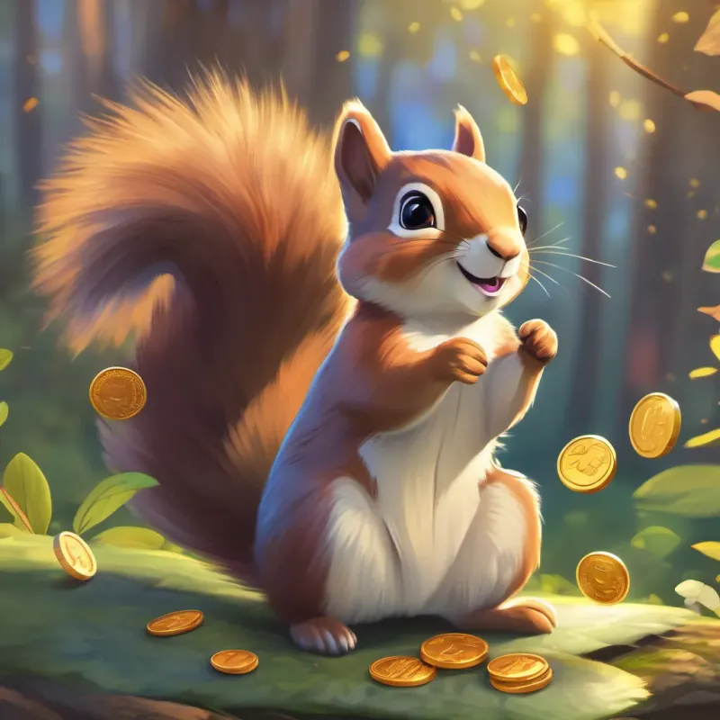 illustration of small, bright squirrel, cheerful and curious, with expressive eyes; in various scenes in a forest setting and the coins dancing together in the sunlight, all smiling with joy and freedom