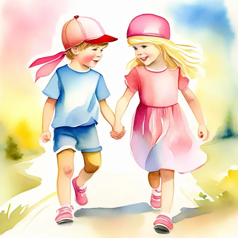 Brother with brown hair, wearing a blue shirt and red cap and Sister with blonde hair, wearing a pink dress and yellow headband blindfolded, holding hands, confident in their adventure.