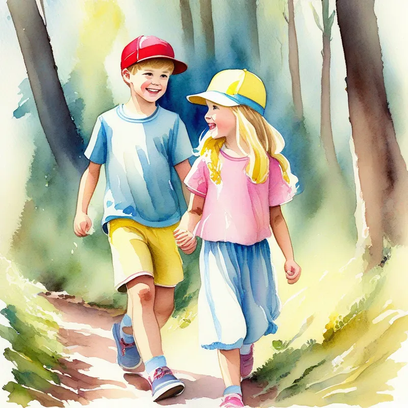 Brother with brown hair, wearing a blue shirt and red cap and Sister with blonde hair, wearing a pink dress and yellow headband walking through the forest, supporting and encouraging each other.