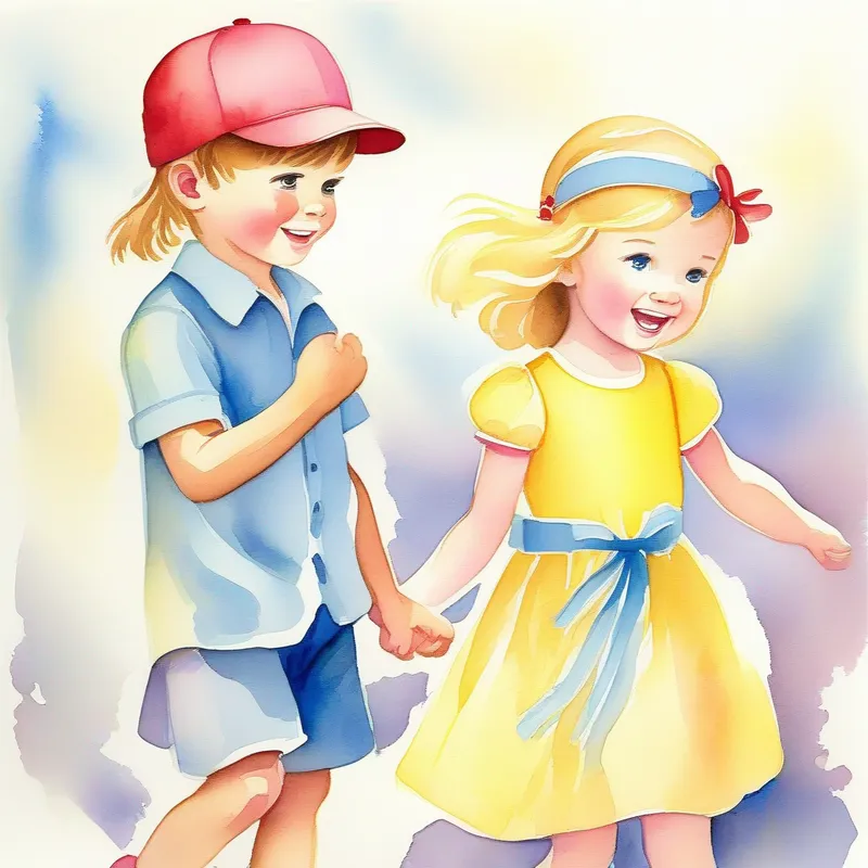Brother with brown hair, wearing a blue shirt and red cap tripping but Sister with blonde hair, wearing a pink dress and yellow headband reassuring and encouraging him to continue.