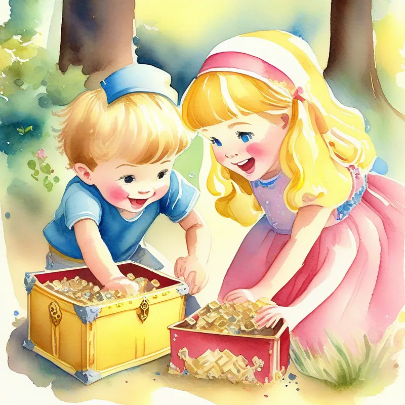 Brother with brown hair, wearing a blue shirt and red cap and Sister with blonde hair, wearing a pink dress and yellow headband uncovering the treasure chest and being amazed and happy.