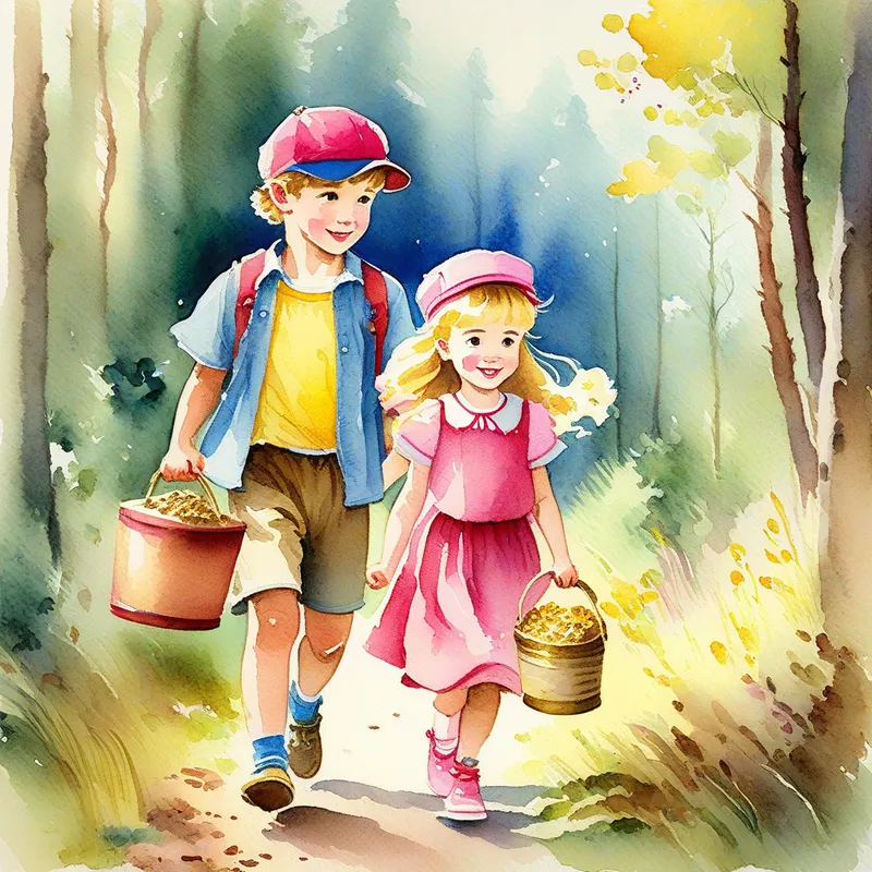 Brother with brown hair, wearing a blue shirt and red cap and Sister with blonde hair, wearing a pink dress and yellow headband walking out of the forest, holding the treasure happily.