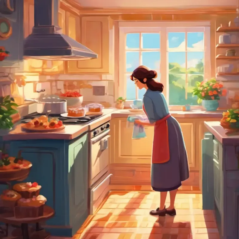 Bella's mom in the kitchen, the aroma of a fresh cake lingering.