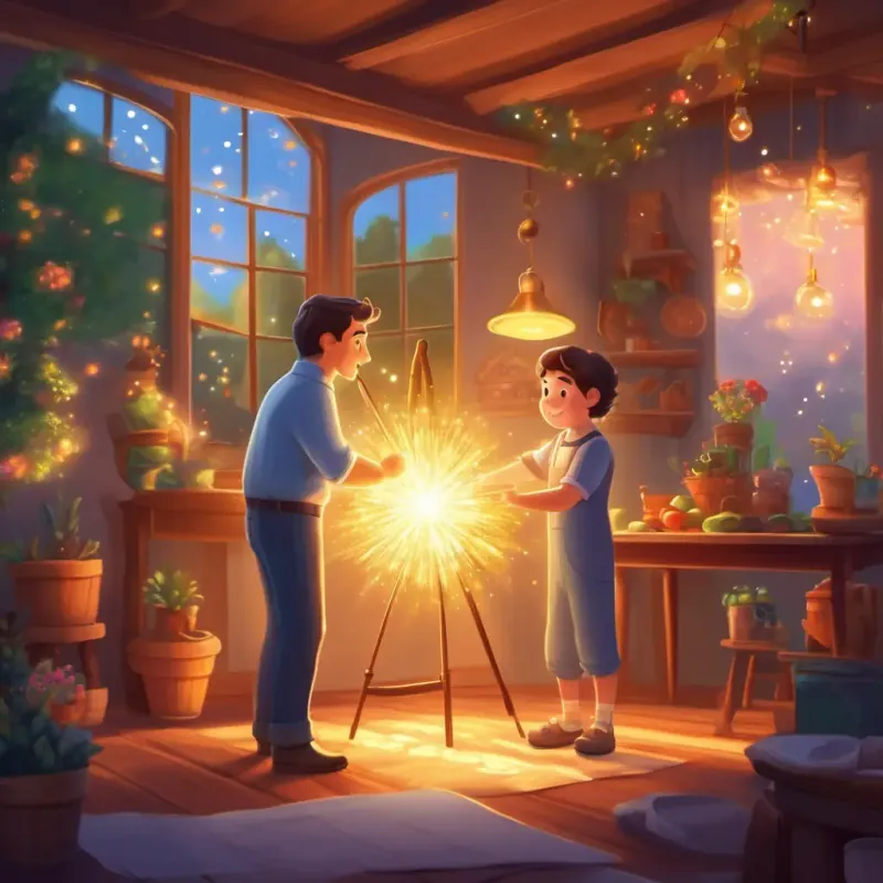 Bella's dad setting up a banner, sparkles catching the light.