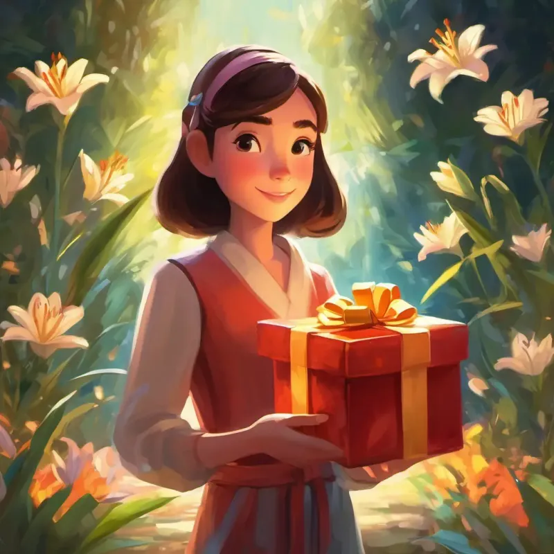Lily appears with a present, anticipation visible on her face.